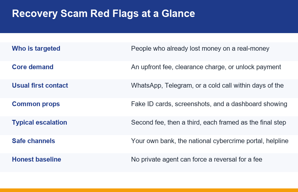 Infographic listing gaming recovery scams warning signs and safe reporting channels